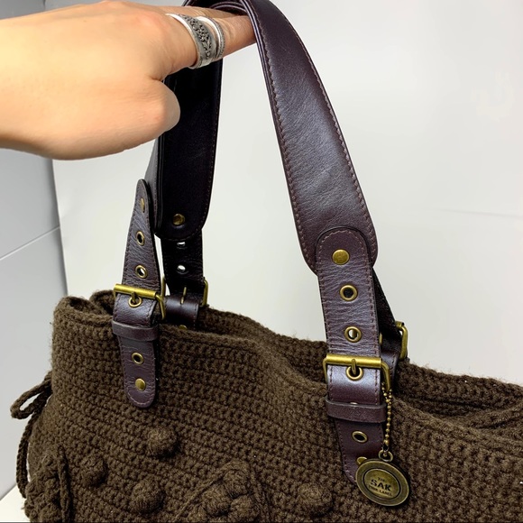 The Sak Pink Label Knitted Brown bobble textured tote bag  grannycore Bohemian - Picture 4 of 16